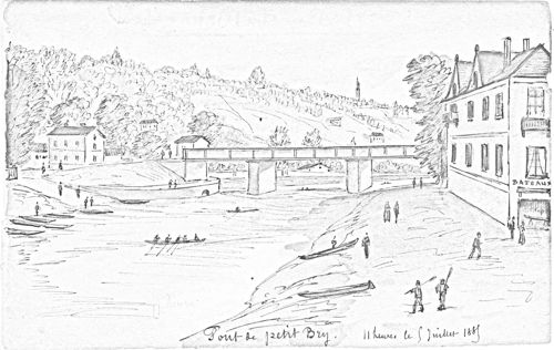 Pont de petit Bry. Aquarelle d'Albert Capaul. [1880]. Archives départementales du Val-de-Marne, 9FI Bry 1.