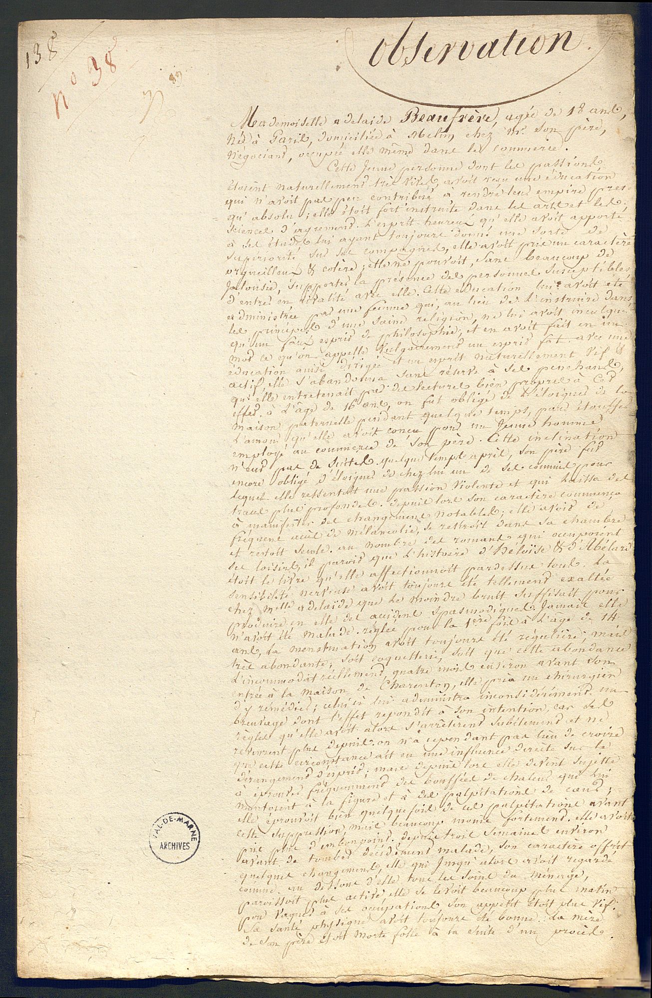 La feuille d'observations médicales de la patiente Adélaïde Beaufrère, internée à Charenton de 1814 à 1815.