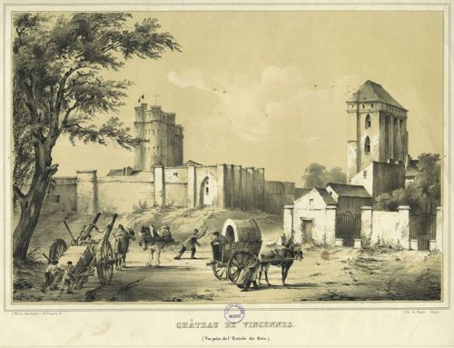 Transport de pierres à bâtir. Vue de l'entrée du bois de Vincennes XVIIIe siècle. Lithographie. 48,5 x 34,5 cm.