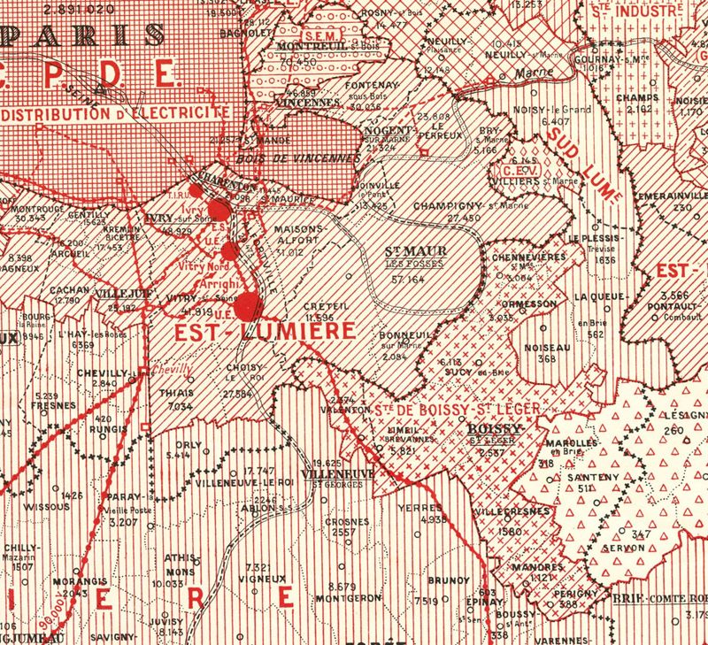Carte des réseaux de distribution d'électricité et répartition des concessions,1933. Carte imprimée. 100 x 86 cm. Archives départementales du Val-de-Marne, 1Fi Environs de paris 17