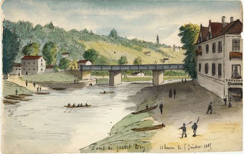 Pont de petit Bry. Aquarelle d'Albert Capaul. [1880]. Archives départementales du Val-de-Marne, 9FI Bry 1.