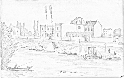 Le port de Créteil. Aquarelle d'Albert Capaul. [1855] Archives départementales du Val-de-Marne, 9FI Créteil 4.