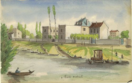 	Le port de Créteil. Aquarelle d'Albert Capaul. [1855] Archives départementales du Val-de-Marne, 9FI Créteil 4.